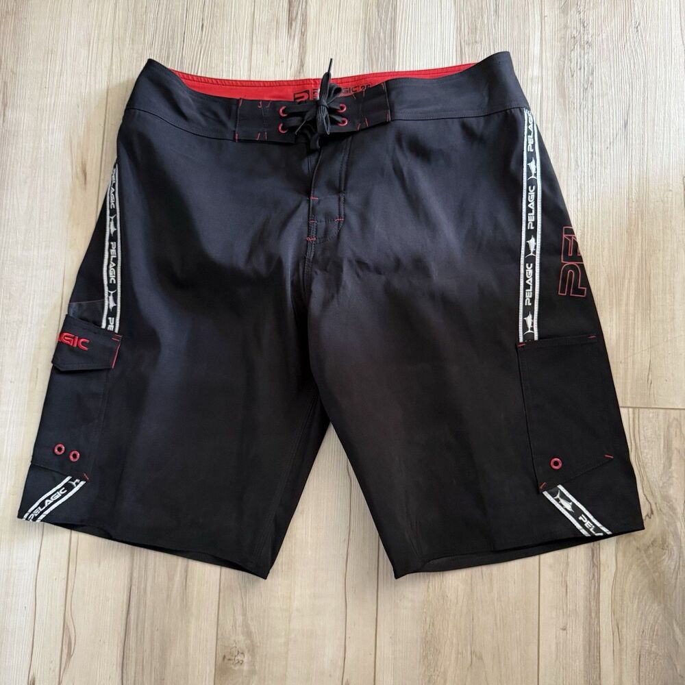 Pelagic Board Shorts Mens Sz 36 Swim Trunks Black OffShore Gear Black & Red